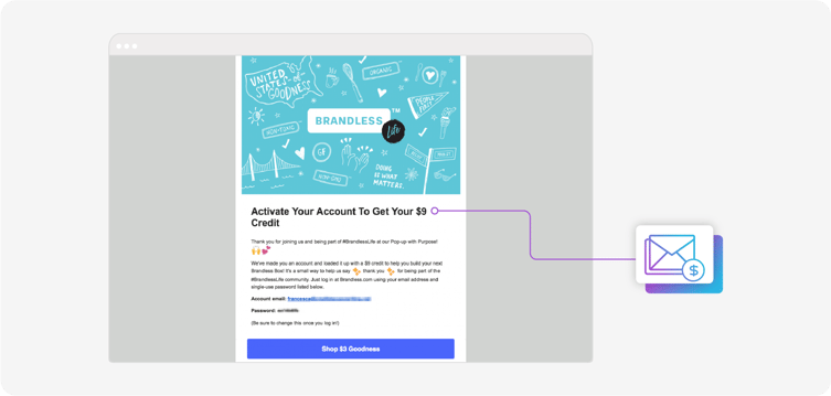 Brandless post event email saying 'activate your account to get you $9 credit'.