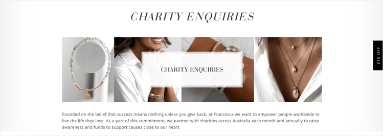 Francesca's charity landing page